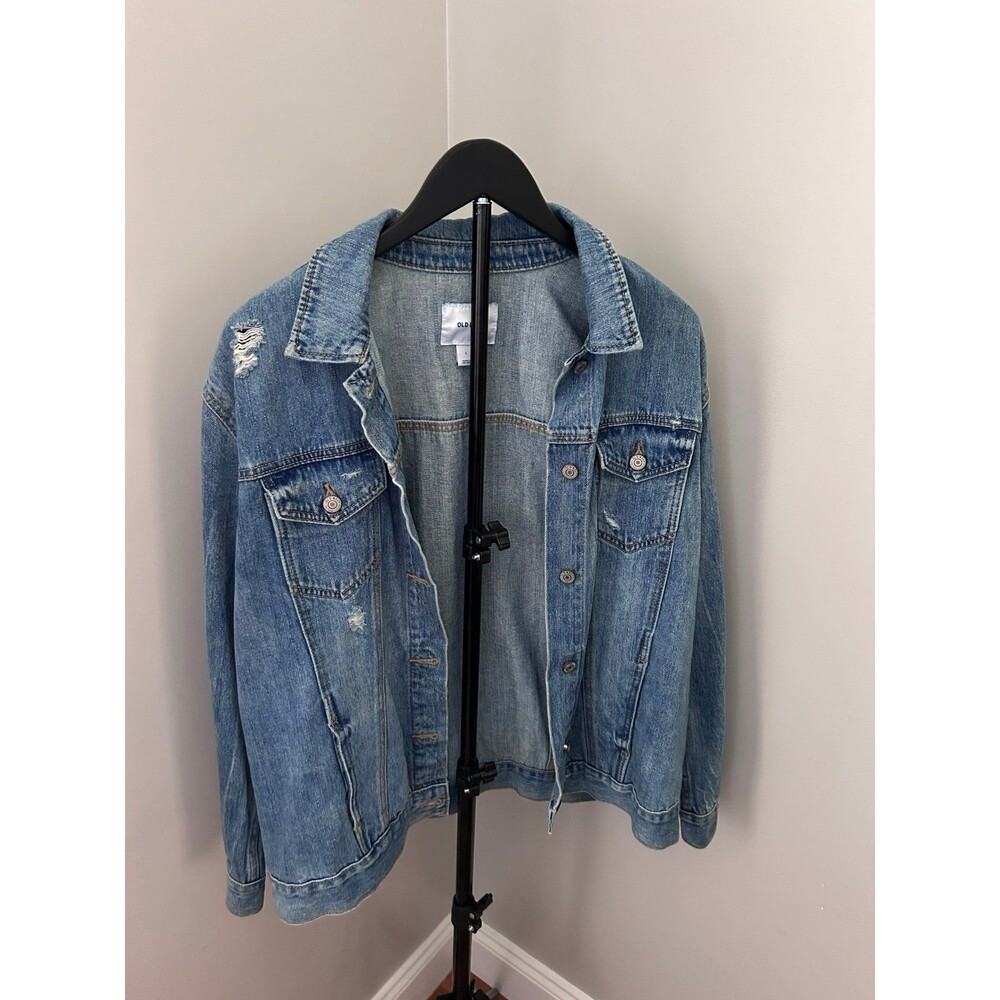 Old Navy Distressed Denim Trucker Jacket Medium Wash Large
